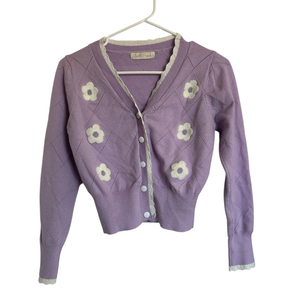 Belle Poque women's lavender cropped V-neck cardigan white flowers Small